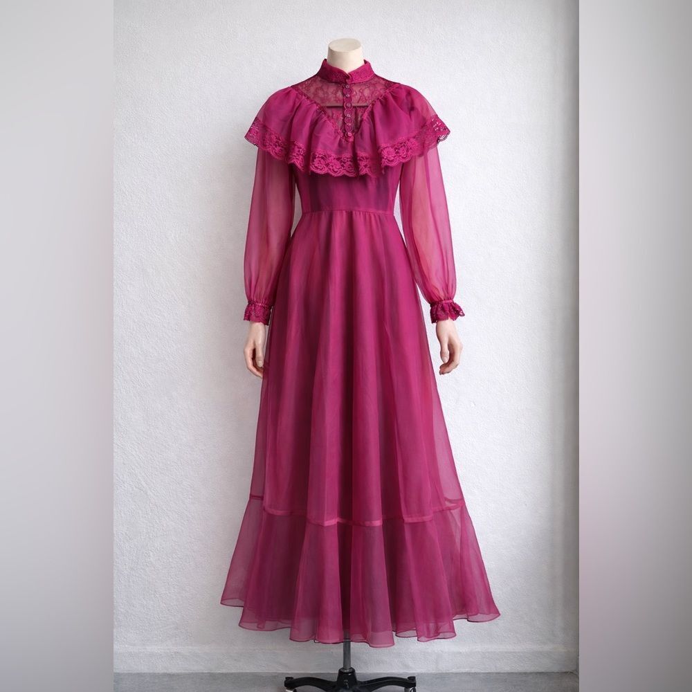 Rare Vintage 1970s Magenta Chiffon Long Sleeve Victorian Maxi Dress XS w/bustle
